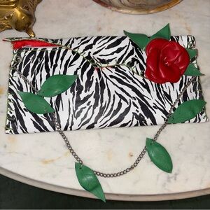 Zebra Print Leather Clutch with Red Leather Rose Accent Handcrafted